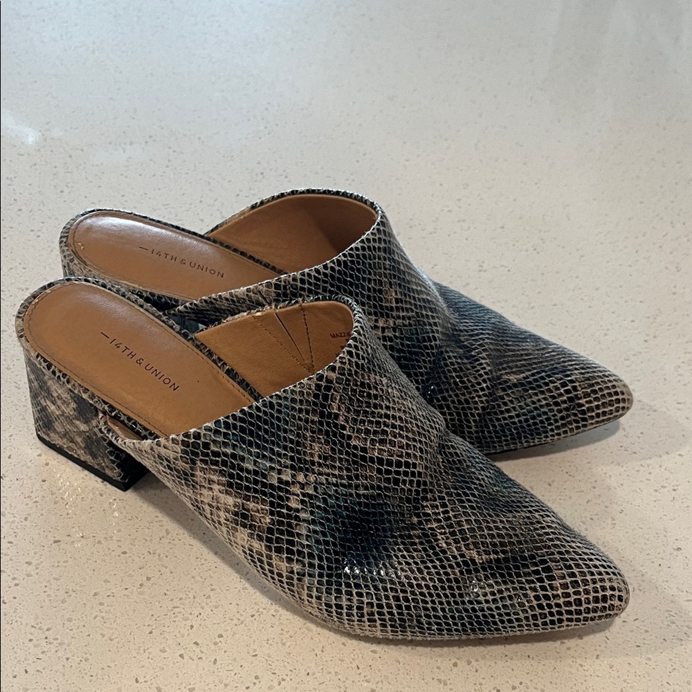 14th & Union Black/Gray/Tan/Blue Snakeskin Mules
